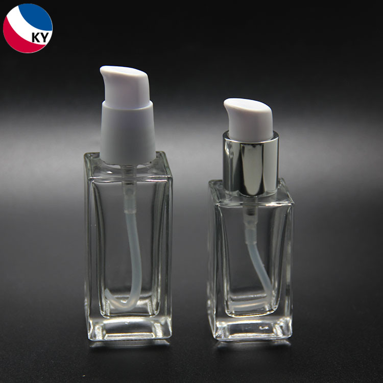 30ml 50ml Transparent Clear Square Glass Pump Bottle Foundation Lotion Bottle with White Self-lock Pump