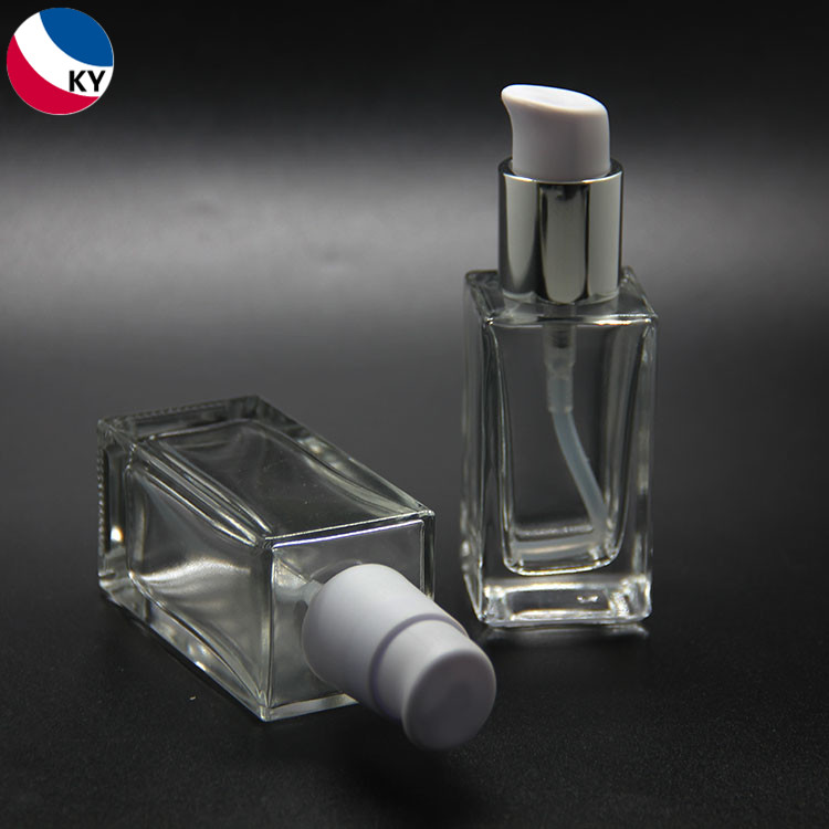 30ml 50ml Transparent Clear Square Glass Pump Bottle Foundation Lotion Bottle with White Self-lock Pump