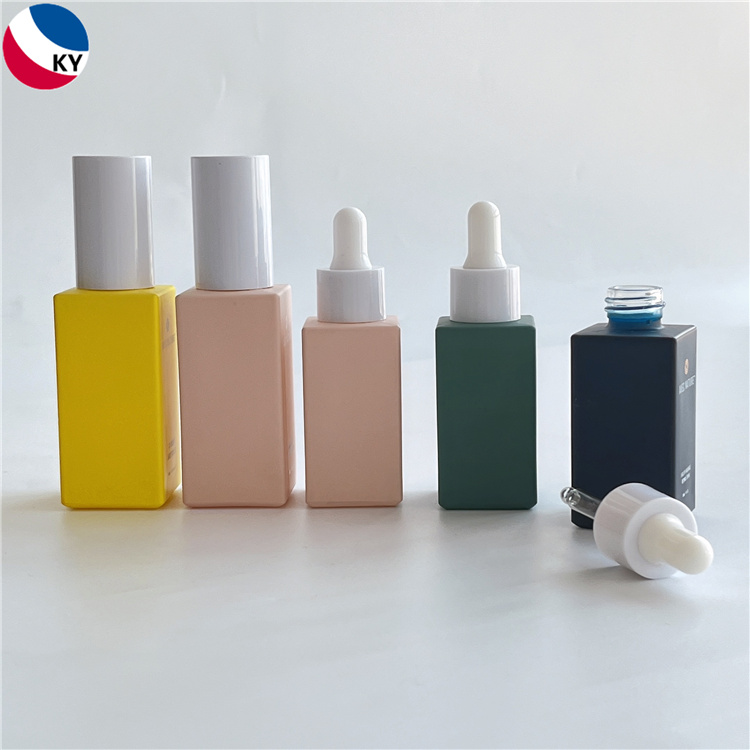 Luxury Cosmetic Square Matte Frosted Pink Yellow Green Blue Color 30ml 50ml Glass Pump Lotion Dropper Bottle