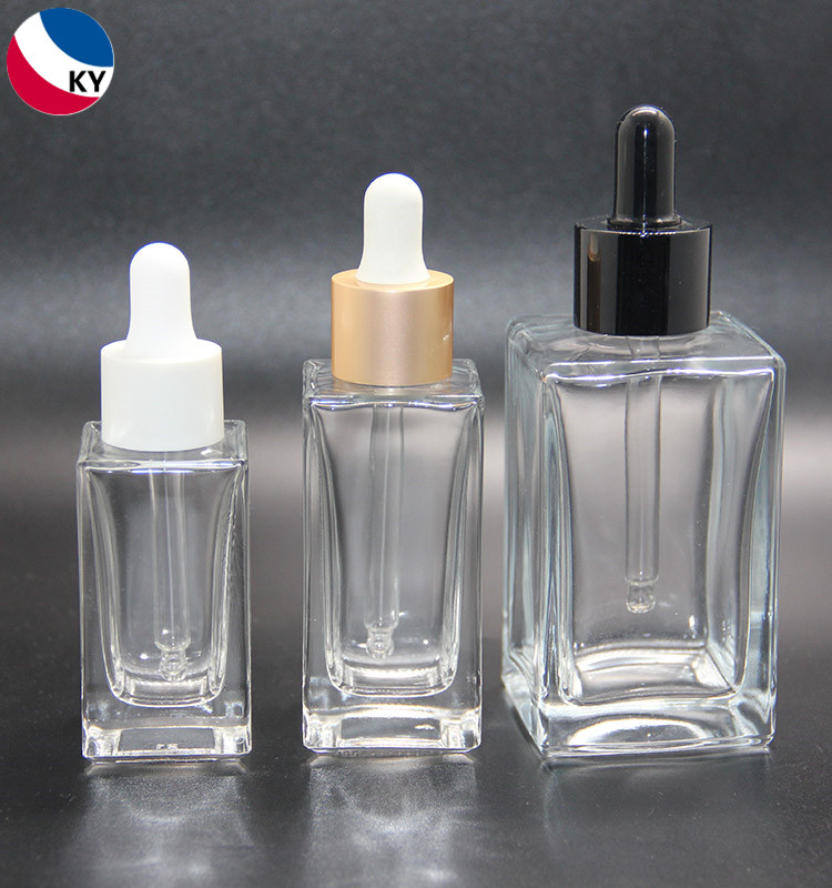30ml 50ml 120ml Empty Cosmetic Square Transparent Frosted White Glass Dropper Essential Oil Bottle White Black Dropper