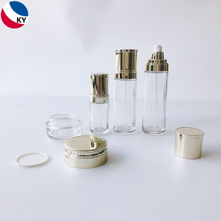 Luxury 50ml 100ml 120ml Glass Pump Bottle with Gold Plastic Pump Cap Skin Care Cream 50g Glass Jar Cosmetic Packaging Sets