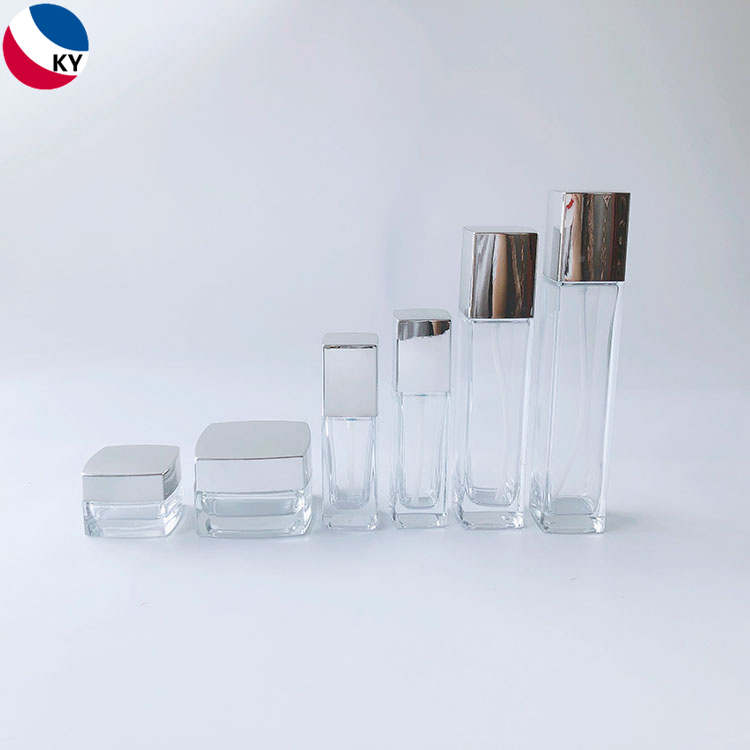 Transparent Square Glass Cream Jar 15g 50g 30ml 50ml 100ml 120ml Cosmetics Packaging Set Glass Bottle Silver Pump Cap