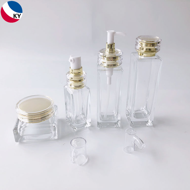 Transparent Square Glass Cream Jar 50g 50ml 100ml 120ml Cosmetics Packaging Set Glass Bottles And Jars with Gold Pump Lotion