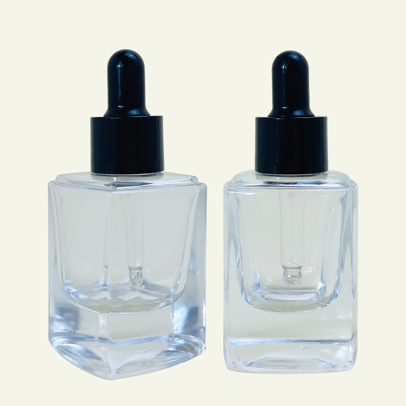 New Design 25ml Square Thick Bottom Glass Dropper Bottle Cosmetic Serum Transparent Push Dropper Essential Oil Glass Bottle