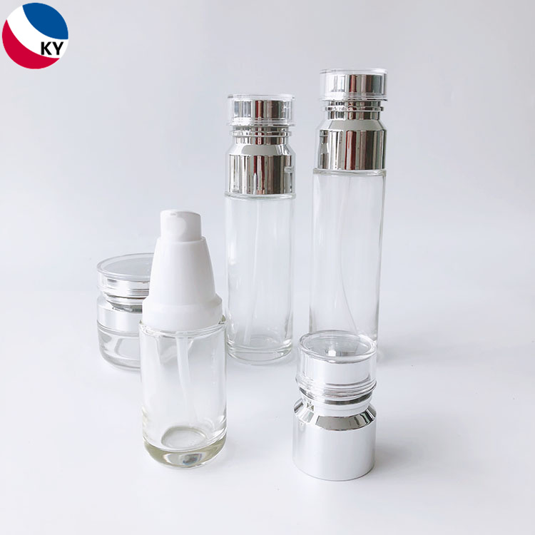 1oz 2oz Luxury Cosmetic Packaging Sets Round 50g 30ml 50ml 100ml Cream Jar Clear Glass Pump Bottle with Acrylic Pump Cap