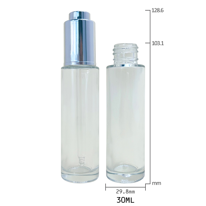 New Design 30ml Round Thick Bottom Glass Dropper Bottle Cosmetic Serum Transparent Push Dropper Essential Oil Glass Bottle