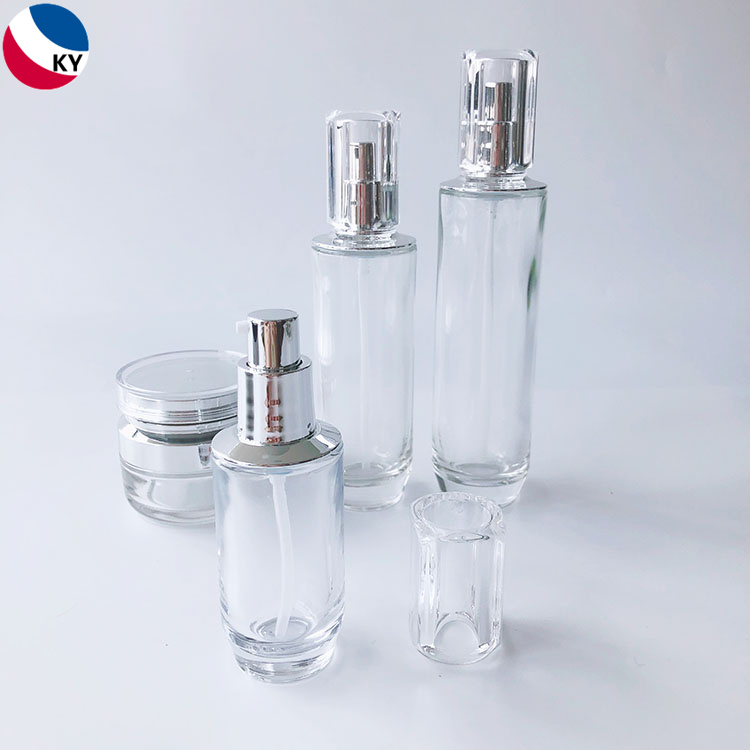 Luxury Round Bottom 30g 50g 30ml 50ml 100ml Cream Jar Clear Glass Pump Bottle with Silver Pump Acrylic Cap