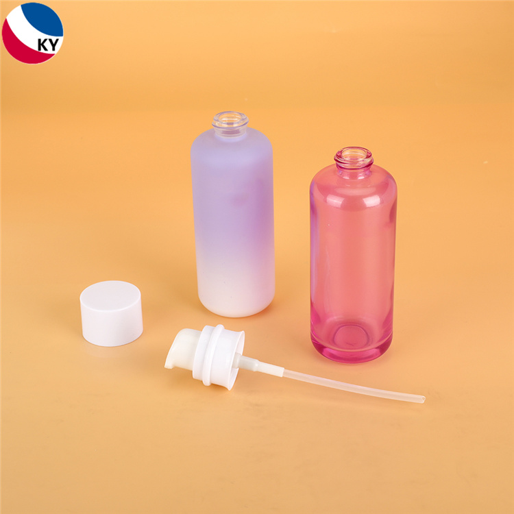 Luxury Cosmetic Round Shoulder Lotion Transparent Pink Matte Color 110ml Glass Pump Bottle with Pump Cap